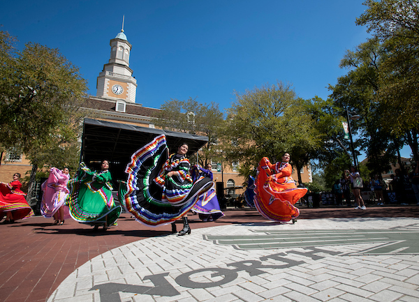 Folklorico dancers perform at a Carnival event on campus