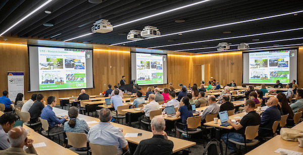 Photo of attendees at a symposium watching a presentation on multiple screens