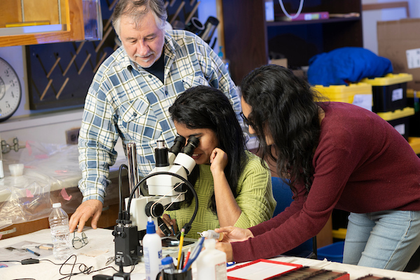 A faculty member oversees students at a microscope in a lab setting