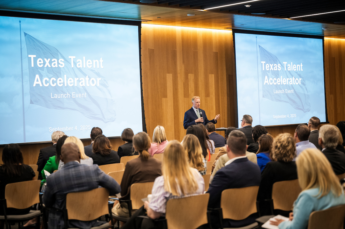 President Harrison Keller gives a presentation on the Texas Talent Accelerator