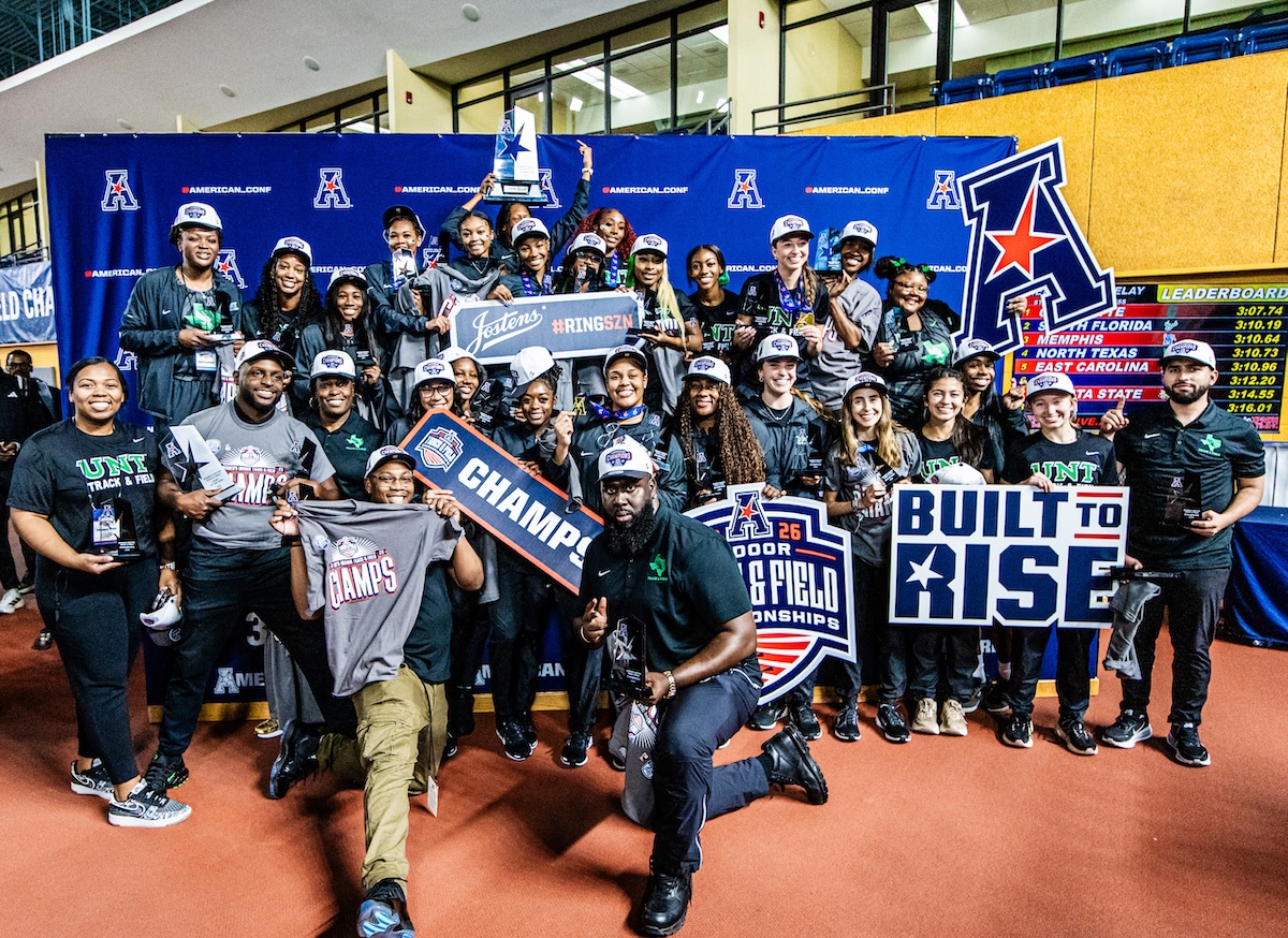 The UNT Track and Field Team poses with trophy a the 2026 American Conference championships