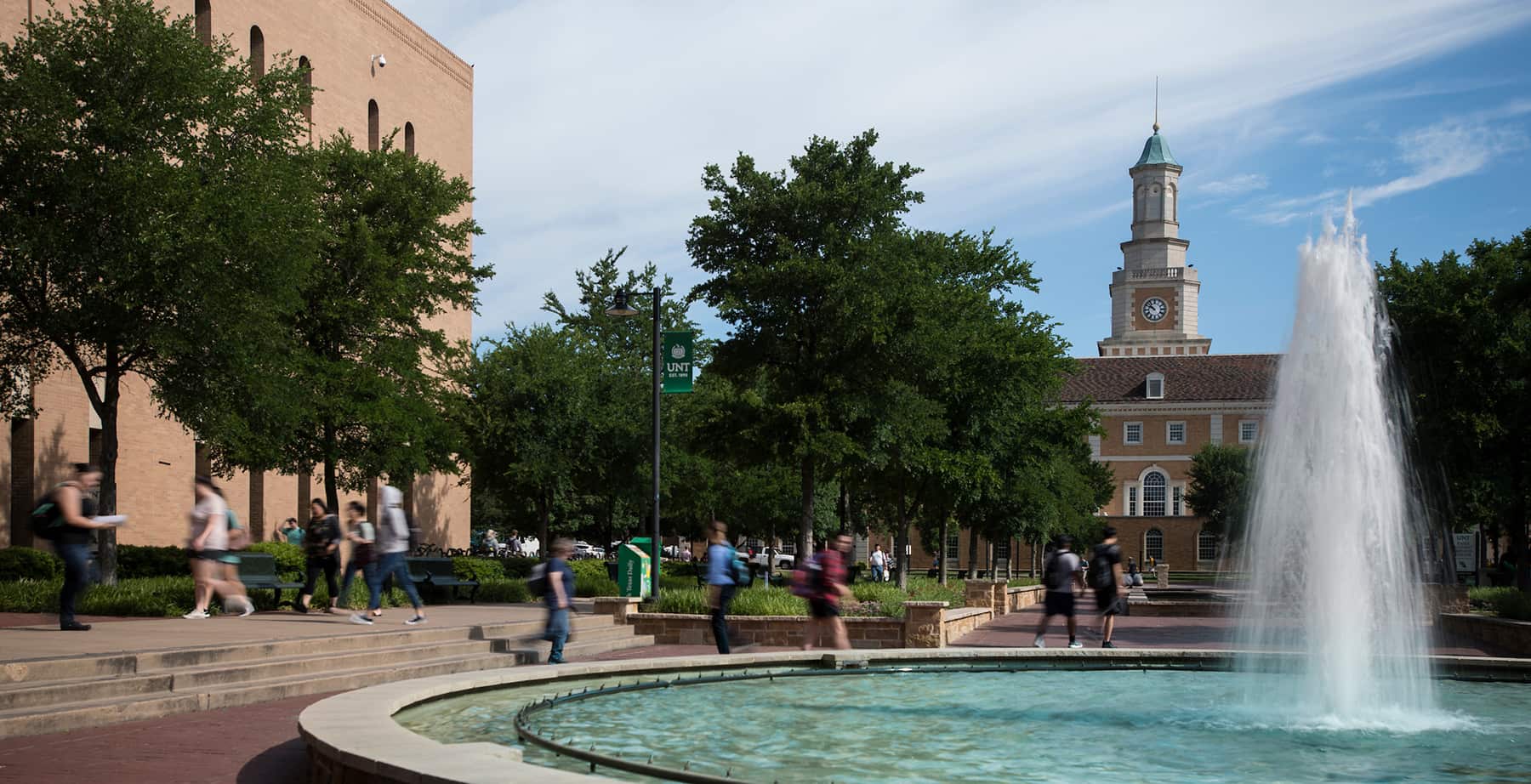 The UNT Fountain with Hurley Administration Building in the background