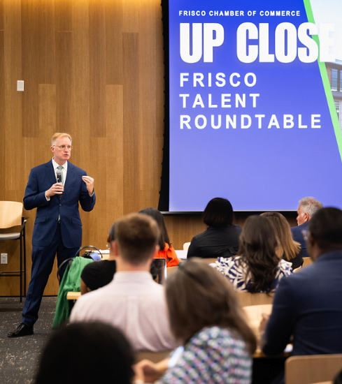President Harrison Keller, Ph.D., spoke at Frisco Chamber of Commerce members roundtable